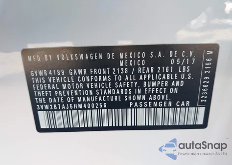 2017 Volkswagen Jetta 1.4T S из США, поврежденный, VIN 3VW2B7AJ5HM400256